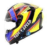 Bluetooth-Motorradhelme Für Erwachsene, Kratzfester Sonnenschutz-Visier-Integralhelm, Männer-Frauen-Motorrad-DOT/ECE-Zugelassener Helm, Moped-Street-Bike-Rennhelm Mit Grafik,Yellow Blue a,S