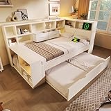 Kinderbett Einzelbett 90x200, Holzbett Schlafsofa mit Ausziehbett&Ablagefächern&USB Type-C Ladeanschlüssen, Bett Stauraumbett Jugendbett Funktionsbett mit Lattenrost, Kiefernholz, Ohne Matratze, Weiß