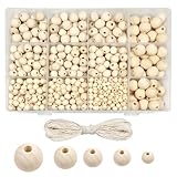 TOAOB Holzperlen zum Auffädeln 1050 Stück Holzkugeln mit Loch 6mm 8mm 10mm 12mm 14mm Runde Natur Holzperlen Zwischenperlen mit Box für Makramee Basteln DIY Schmuck Armband