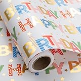 Wikadlik Buntes Geburtstags-Geschenkpapier-Rolle, 43 cm x 10 m, Goldfolie, 'Happy Birthday', Geschenkpapier für Geburtstag, Urlaub, Dusche, Party