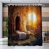 MULERN Kreuz Grab Duschvorhang 240 x 200 cm, Duschrollo für Badewanne Vintage, Shower Curtains Mit 12 Haken, Duschvorhang Waschbar Wasserdicht, Duschvorhänge Polyester Stoff