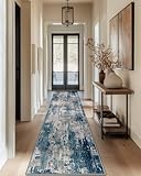 DEFYNEE Läufer Teppich 60x180 cm, rutschfest, Kurzflor, Waschbar, Faltbar, Abstraktes Design – für Flur, Küche, Wohnzimmer & Büro, Graublau