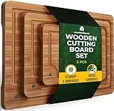 Holzschneidebretter 3er Set - Dickes & Stabiles Bambus Schneidebrett mit tiefen Saftrillen & eingebauten Griffen, große Oberfläche, leicht zu reinigen - für Fleisch, Gemüse und Obst