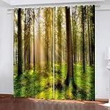 Aotiwe Vorhänge Wohnzimmer Fenster, Schrank Vorhang Bad Grün Braun Bäume und Sonnenschein Landschaft Polyester 2er Set 192x214cm