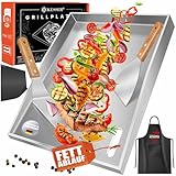 KESSER® Grillplatte Plancha Edelstahl I Grill Platte 40x30x4cm Gas & Holzkohlegrill mit Fettablauf I hitzebeständig bis 800°C, Spülmaschinenfest inkl. 2 Spatel, Grillschürze & Grillmatte