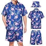 Joyesplay Hawaii Hemd Männer 3 Pcs Hawaii Outfit Herren mit Flamingo Hemd Shorts Fischerhut Hawaii Hemden für Sommer Beach Hemd Poolparty (Blau01, XL)
