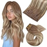 Moresoo Clip in Extensions Echthaar, Salon Qualität Weiches Glattes Haar 35 cm 5 Stück 80g Extensions Clip in #8/22/8 Braun bis Hellbraun mit Platinblond, Leicht zu Tragen Solide und Langlebig