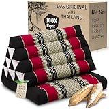 livasia Thaikissen mit 1 Auflage - 75x50x8cm - Dreieckskissen mit Sitzkissen, Keilkissen mit Kapok, Rückenkissen faltbar, Thaimatte zum Klappen, handgefertigt, Meditationskissen (Schwarz/Rot)