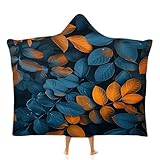 Übergroße Hoodie Decke,Anlage Decken Hoodie Damen mit Kapuze,Blaue und orangefarbene Blätter Superweiche und Warme Ganzkörperdecke Herren Tragbare Decke Für Erwachsene 150 × 200 cm