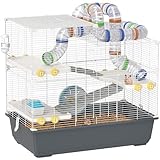PawHut Hamsterkäfig 4 Etagen Nagerkäfig Kleintierkäfig mit Laufrad Futternapf Tunnel Hütte Obertür, Kleintierstall Käfig für Hamster Syrischer Hamster 78 x 45 x 73 cm, Grau
