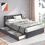 Gegtuon Polsterbett Bett 140x200 cm, Doppelbett mit 2 Stauraum Schubladen und Kopfteil, Jugendbett Bettgestell mit Rückenlehne, Gästebett Bettrahmen mit und Lattenrost, ohne Matratze, Samt, Grau