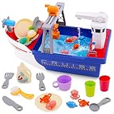 Küchenspüle Spielzeug Set mit Wasserkreislauf, 2 IN 1 Kinderwaschbecken mit Wasser Angelspiel, 21Stück Waschbecken Spielzeug, Kinder Küche Geschirrset Spielzeug Geschenk