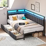 DICTAC Polsterbett Schlafsofa 90x200 mit LED-Beleuchtung und USB-Ladestation,Jugendbett Tagesbett 90x200 mit Lattenrost aus Metall und 2 Schubladen,Gästebett,Bettgestell ohne Matratze,Dunkelgrau