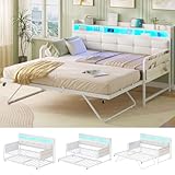 AOGLLATI Ausziehbares Schlafsofa 90/180×200 cm, Tagesbett mit Steckdosen & LED-Beleuchtung, Polsterbett mit Ausziehbares Rollbett & Stauraum Kopfteil，Funktionsbett/Bettsofa, PU, Weiß (ohne Matratze)
