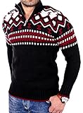 Reslad Herren Strickpullover Crewneck Zipper Winterpullover für Männer Norweger Pullover RS-3110 (L, Schwarz-Rot)
