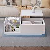 Luxeza LED Couchtisch,Hochglanz Couchtisch, Wohnzimmertischmit, Höhenverstellbarer Kaffeetisch mit Verstecktem Stauraum und Ablage, 50 x 100 x (33-46.5) cm (Weiß)