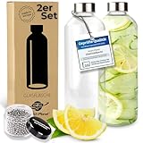 Smart-Planet 2er SET hochwertige Trinkflaschen aus Glas - Glasflasche aus Borosilikat Glas - 1L Glastrinkflasche mit Metalldeckel in Edelstahloptik - mit Reinigungskugel für hartnäckigen Schmutz