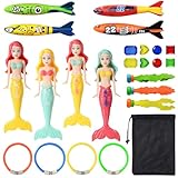 Forhandy Unterwasser Tauchspielzeug Set 24 Stück Tauchen Pool Spielzeug Tauchen Meerjungfrauen mit Tauchringe Schwimmspielzeug Schwimmbad Tauchset inkl. Tragetasche
