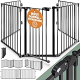 CASARIA® Kaminschutzgitter Baby mit Sicherheitstür Metall ohne Bohren 306x77cm Hundegitter Kinderschutz Türschutzgitter Absperrgitter Schwarz