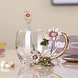 PPEA Emaille Sonnenblume Kristall Bleifreie Glas Teetasse mit Löffel Set, Geschenk für Weihnachten, Valentinstag. Beste Geschenk für Mutter, Oma, Freundin, Schwester.