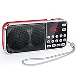 PRUNUS J-189 AM/FM/UKW Kleines Radio mit Bluetooth, Kofferradio mit Heavy Bass Lautsprechern, TF/USB/AUX-Player, Digital Radio mit Akku Wiederaufladbare, LED-Taschenlampe(Rot)