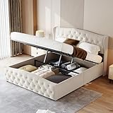 JiaOyu Polsterbett 140x200 cm, Hydraulisches Stauraumbett mit Stil und Komfort, Funktionsbett Jugendbett Inklusive Lattenrost und Modernem Kopfteil, Samt, Ohne Matratze (Beige, 140x200cm)