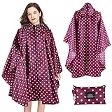 SOPPY Regenmantel für Frauen, Langer Regenponcho wasserdichte Regenbekleidung Regenjacke Winddichte Regencape Raincoat Regenschutzbekleidung mit Pattentasche Kapuze Tunnelzug, Rote Tupfen