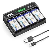 EBL 9v Akku Ladegerät Set - Ladegerät ideal für 9volt Li-ion NI-MH Akkus inkl. 9v Li-ion Akkus 600mAh 4 Stück, EBL M7015 mit Akkupack