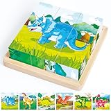 Würfelpuzzle Holzpuzzle Dino, Puzzle Holz für Kleinkinder von 2-4 Jahren, Montessori Spielzeug Bilderwürfel Holzspielzeug, Greifpuzzle Motorikspielzeug, Geschenk für 2 3 4 Jahren Jungen Mädchen