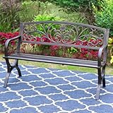 PHI VILLA Gartenbank Metall Rückenlehne aus Gusseisen Stahlrahmen 2-3 Sitzer Bank Outdoor mit Floralem Design für Park, Garten und Terrasse Bronze