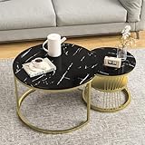 VixorLuilith Couchtisch, Set aus Zwei Satz-Couchtischen, runder Couchtisch mit Metallrahmen, stapelbares Beistelltisch-Set, Satztische, 70x70x45,5cm + 45x45x40cm (Schwarz+Gold)