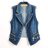 Jeansjacke Damen, Damen-Jeansweste Jacke Dunkelblau Schmale Passform Anzug Revers Ärmellos Knopfleiste Jeansweste Weste Vintage-Waschung Distressed Verkürzte Denim-Gilet Lässige Oberbekleidung Ob