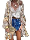 ZANZEA Damen Blumendruck Kimono Strickjacke Boho Strandkleid Pareos Poncho Sommer Strand Bikini Cover Up Boho-Beige XXL