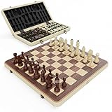 38cm Holz Klapp-Schach- und Dame-Set - 2-in-1 Brettspiel mit 7,6cm König Staunton Figuren und 2 zusätzlichen Damen