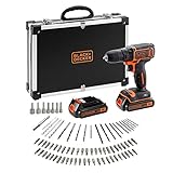 BLACK+DECKER Akku-Bohrschrauber 18 V, kompakt und leicht, enthält 2x 1,5-Ah-Akkus, Schnellladegerät und 80 Zubehörteile im Aufbewahrungskoffer, BDCDC18BAFC-QW