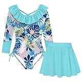 Mädchen-Badeanzüge, zweiteilig, Badebekleidung, Rashguard, Schwimmrock-Set, langärmelig, LSF 50+, Badeanzug für Strand, 5–12 Jahre, B Grün, 9-10 Jahre
