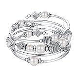 Bulinlin Silber Wickelarmband mit Naturstein Perlen Boho Mehrschichtiges Damen Armbänder Geburtstags Modegeschenk für Frauen(White Pearl)