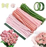 Pfeifenreiniger Blumen Set, 400 Stück Pfeifenreiniger zum Basteln, Pfeifenputzer zum Basteln mit 20 Stück Grün Basteldraht (Rosa)