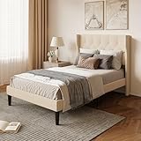 Xbro Bettrahmen 120 x 200 cm mit Kopfteil und Lattenrost,Einzelbett,Leicht zu Montieren und Stabil,20 cm Ablagefläche,Beige