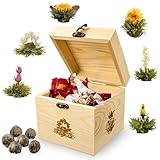 Creano ErblühTee Holz-Dekobox, Teeblumen Mix Geschenkset mit 6 Teerosen, Weißer Tee in edler Teekiste