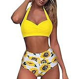 MIN Ying Badeanzug mit hoher Taille, Vintage, Damen, Bikini, Bademoden, Push-Up, Halter, Badeanzug, 2-teilig, Bandage mit Triangel-Bikiniunterteil, Kleidung, Damen, Badeanzug, Shorty, Strand, 32-Gelb,