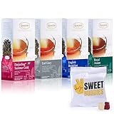 Ronnefeldt Schwarztee 4er Mix Teebox – Bio Darjeeling, Earl Grey, English Breakfast Tea & Assam – 60 Teebeutel Probier­set für + Sweet Buddies Fruchtgummis (10g) - Eleganter Tee mit köstlichem Aroma