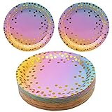 CEILIWEN Regenbogen Partyteller, Rosa Gold Pappteller, 17,8 cm Partygeschirr Einwegteller, Rosa Teller mit Goldfolienpunkten, 50 Stück (Regenbogen-50 Stück)