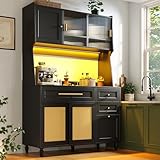 Gxffipw Küchenschrank 120×45×195.5 cm mit Verstellbaren Ablagen und LED-Beleuchtung, Buffetschrank Hochschrank mit Rattan Türen und 3 Schubladen, Küchenschränke mit Arbeitsplatte, Küchenmöbel, Schwarz