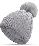 CAOZITOU Mütze Damen, Strickmützen Beanie Double Fleece Line, Warme Dehnbar Weich Wintermütze mit Abnehmbarer Bommel für Outdoor Sports Ski (Hellgrau)
