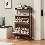 [en.casa] Schuhschrank Belana Schuhkipper mit 2 Klappen 116 x 60 x 24 cm Schuhkommode für 8-12 Paar Schuhe Schuhaufbewahrung Schwarz/Eicheoptik