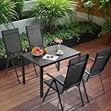LIFERUN 5-Teiliges Gartenmöbel Set, Aluminium Balkonmöbel Set, 4pcs Verstellbare Hochlehner Klappstühle +110x70cm WPC Wetterfest Rechteckiger Terrassentisch,Essgruppe Sitzgruppe Outdoor, Schwarz