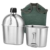 Ejoyous 2er-Set Edelstahl Militärkantine, Militär Feldflasche Camping Wasserflasche Lunchbox Set für Outdoor-Camping Wandern und Rucksackreisen mit 600 ml Becher