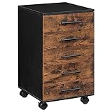 HOOBRO Aktenschrank, Rollcontainer mit 5 Schubladen, Holz Büroschrank, Kommode Aufbewahrungsschrank, Industrie Stil Einfache Montage Rustikal, Dunkelbraun und Schwarz EBF05WJ01G1