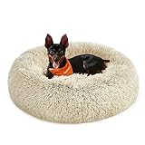 Feandrea Hundebett flauschig, Katzenbett, Donut Kissen, waschbar, Polsterung in der Mitte herausnehmbar, Langer Plüsch, 60 cm Durchmesser, Ombré-Khaki PGW038S01